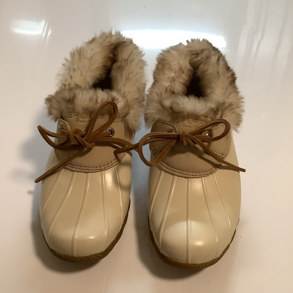 Sperry Saltwater Faux Fur Duck Boots Cream Tan Leather STS85834 Women's 8